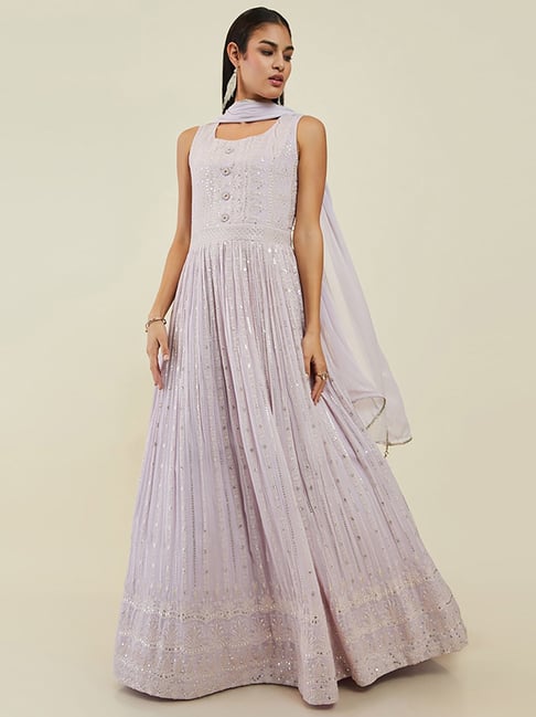 Buy Soch Purple Embroidered Gown Churidar Set with Dupatta for