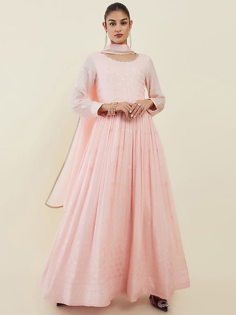 Buy Soch Pink Cotton Embellished Gown Churidar Set with Dupatta