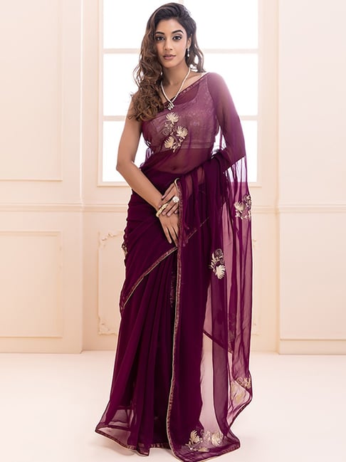 Geroo Jaipur Purple Embroidered Saree With Unstitched Blouse Price in India