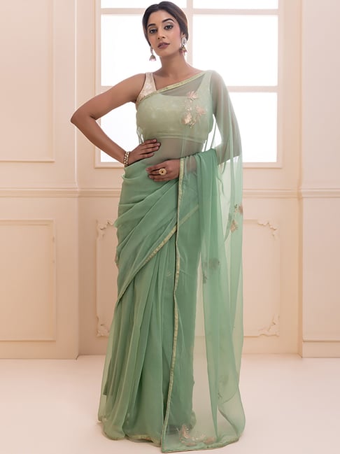 Geroo Jaipur Green Embroidered Saree With Unstitched Blouse Price in India