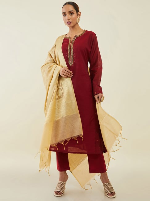 Soch Maroon Embellished Kurta Pant Set With Dupatta Price in India