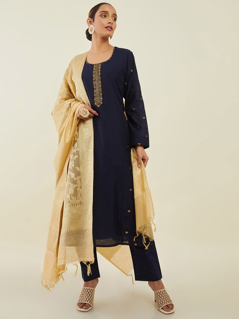 Soch Navy Embroidered Kurta Pant Set With Dupatta Price in India