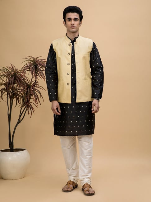 Buy Benstoke Men Silk Blend Black Kurta with Churidar & Lime Green Printed  Nehru Jacket (Set of 3) online