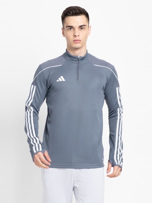 Adidas Grey Slim Fit Striped Sports T-Shirt