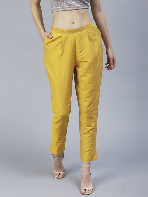 BARCELONA YELLOW PAPER BAG ELASTICATED WAIST CASUAL CROP PANTS WITH POCKETS  AND BELT