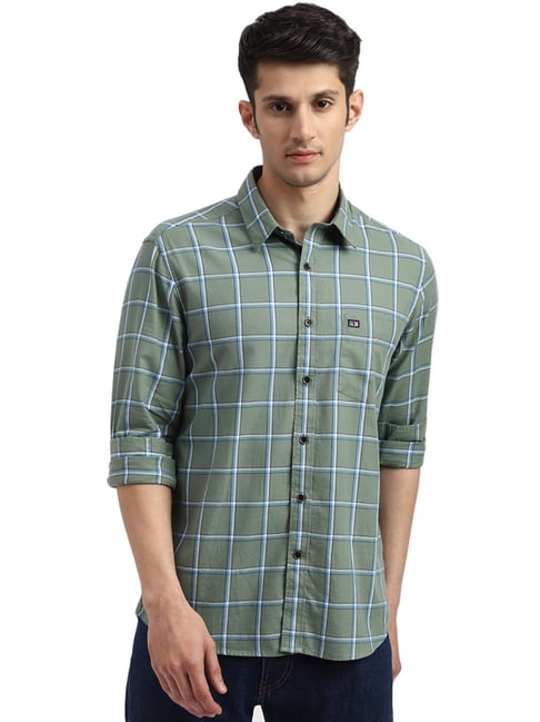 Arrow Green Cotton Slim Fit Checks Shirt