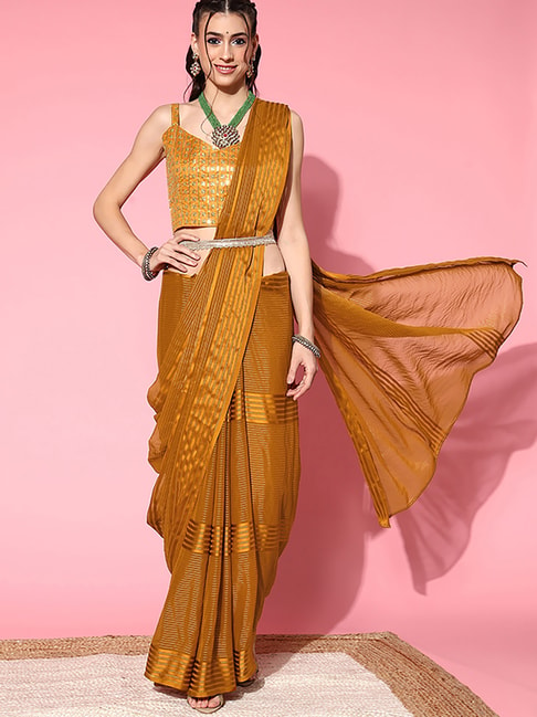 Saree Mall Mustard Striped Saree With Unstitched Blouse Price in India