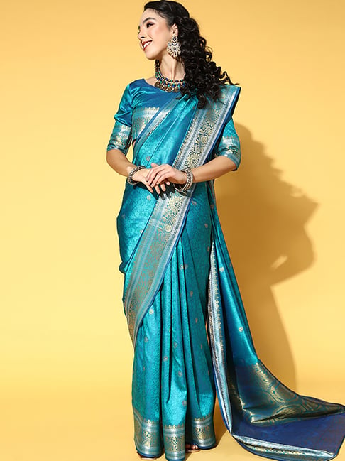 Saree Mall Blue Silk Woven Saree With Unstitched Blouse Price in India