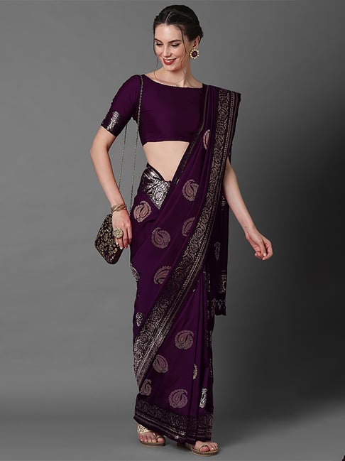 Saree Mall Purple Silk Woven Saree With Unstitched Blouse Price in India