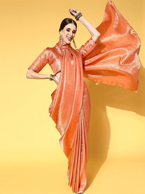 Saree Mall Peach Woven Saree With Unstitched Blouse Price in India