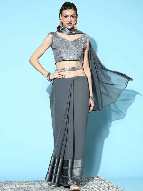 Saree Mall Grey Saree With Unstitched Blouse Price in India