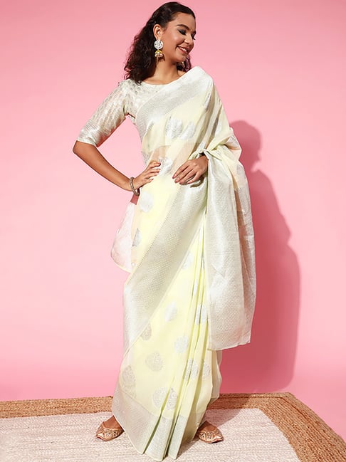 Saree Mall Yellow Linen Woven Saree With Unstitched Blouse Price in India