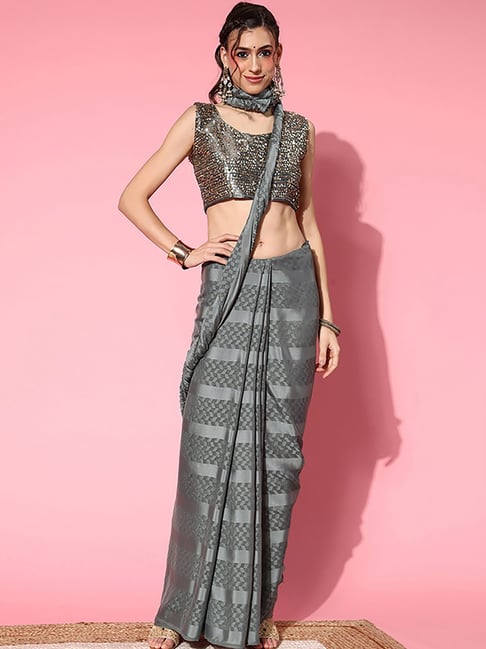 Saree Mall Grey Woven Saree With Unstitched Blouse Price in India