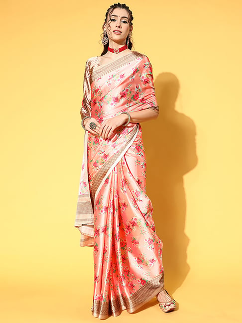 Saree Mall Peach Saree With Unstitched Blouse Price in India