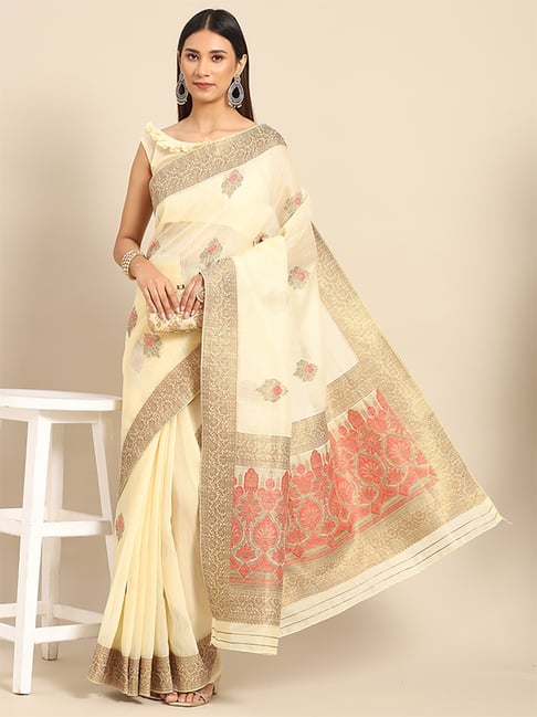 Saree Mall Cream Silk Woven Saree With Unstitched Blouse Price in India