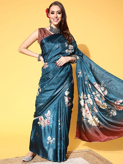 Saree Mall Blue Saree With Unstitched Blouse Price in India