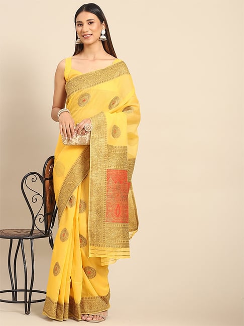 Saree Mall Yellow Silk Woven Saree With Unstitched Blouse Price in India