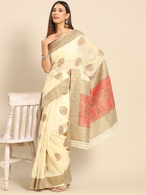 Saree Mall Cream Silk Woven Saree With Unstitched Blouse Price in India