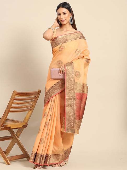 Saree Mall Peach Silk Woven Saree With Unstitched Blouse Price in India