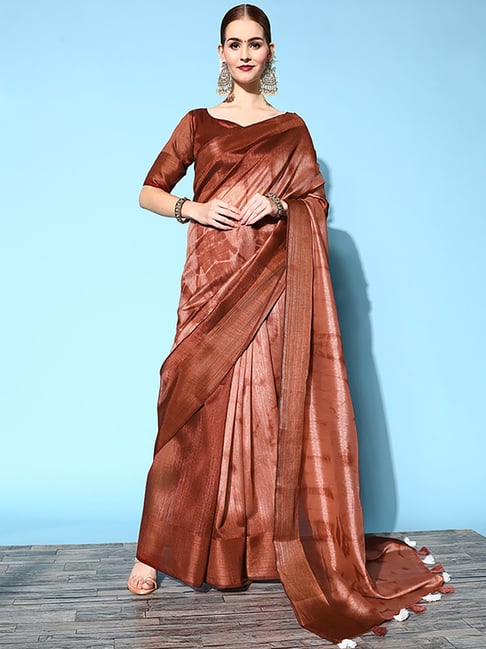 Saree Mall Brown Cotton Silk Woven Saree With Unstitched Blouse Price in India