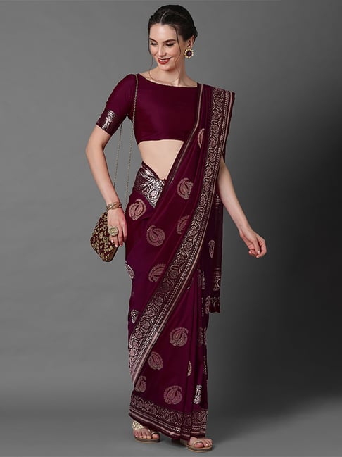 Saree Mall Maroon Silk Woven Saree With Unstitched Blouse Price in India