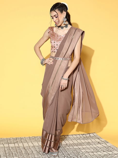 Saree Mall Brown Saree With Unstitched Blouse Price in India