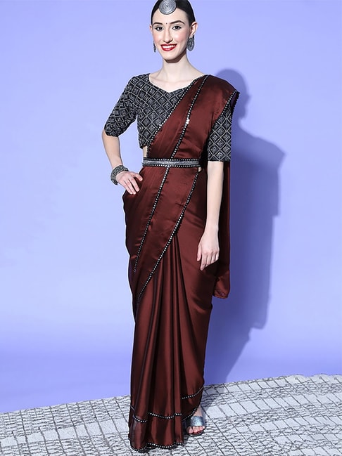 Saree Mall Brown Embellished Saree With Unstitched Blouse Price in India