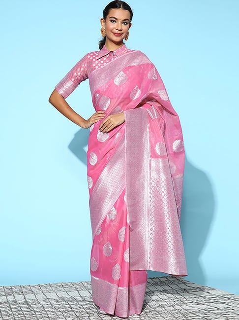 Saree Mall Pink Linen Woven Saree With Unstitched Blouse Price in India