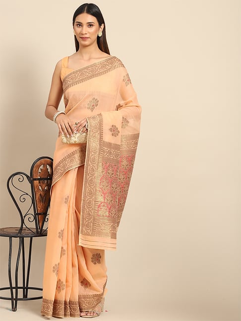 Saree Mall Peach Silk Woven Saree With Unstitched Blouse Price in India