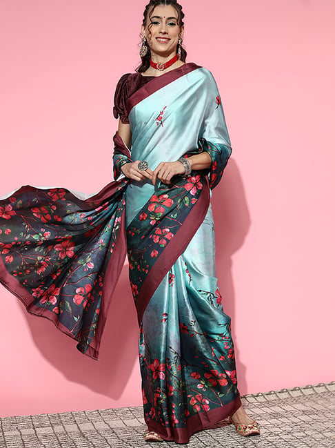 Saree Mall Blue Saree With Unstitched Blouse Price in India