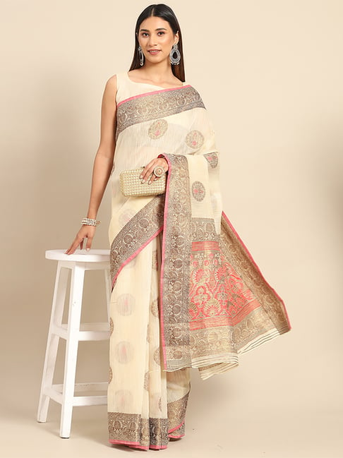 Saree Mall Cream Silk Woven Saree With Unstitched Blouse Price in India