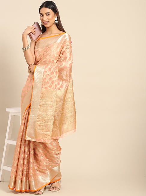 Saree Mall Peach Silk Woven Saree With Unstitched Blouse Price in India