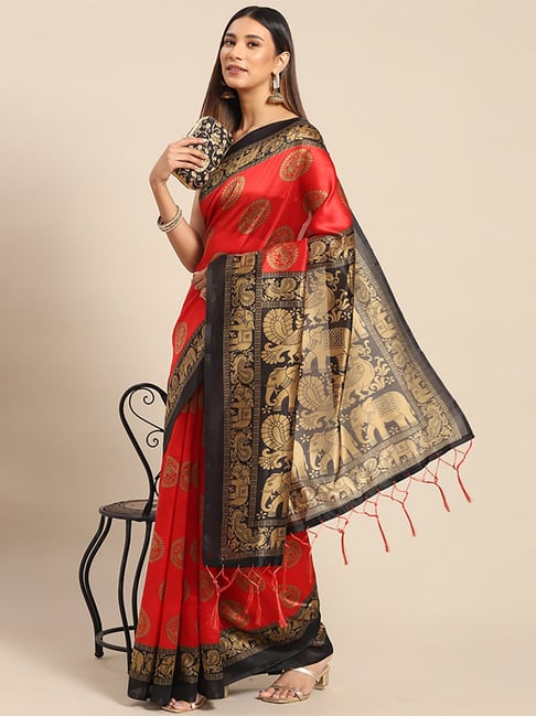 Saree Mall Red & Black Art Silk Woven Saree With Unstitched Blouse Price in India