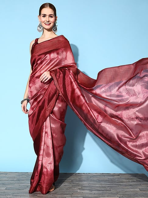 Saree Mall Maroon Cotton Silk Woven Saree With Unstitched Blouse Price in India