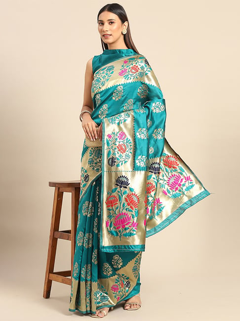 Saree Mall Blue Silk Woven Saree With Unstitched Blouse Price in India