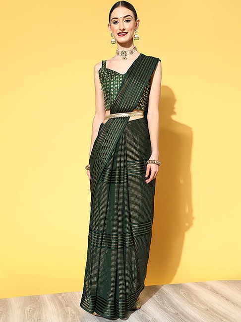 Saree Mall Green Striped Saree With Unstitched Blouse Price in India