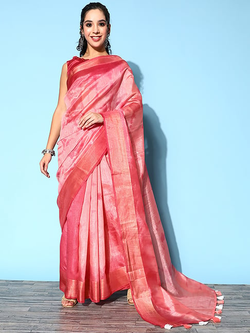 Saree Mall Pink Cotton Silk Woven Saree With Unstitched Blouse Price in India