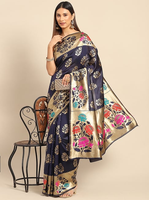 Saree Mall Navy Silk Woven Saree With Unstitched Blouse Price in India