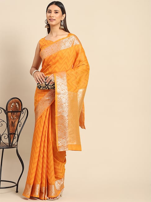 Saree Mall Mustard Woven Saree With Unstitched Blouse Price in India