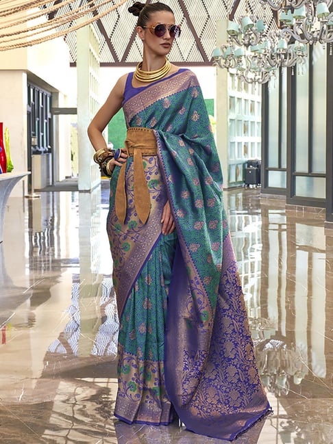 Saree Mall Blue Silk Woven Saree With Unstitched Blouse Price in India