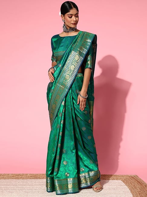 Saree Mall Green Silk Woven Saree With Unstitched Blouse Price in India