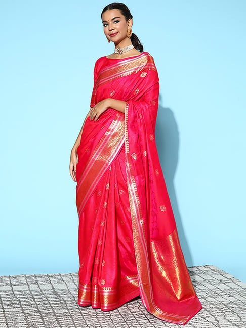 Saree Mall Pink Silk Woven Saree With Unstitched Blouse Price in India