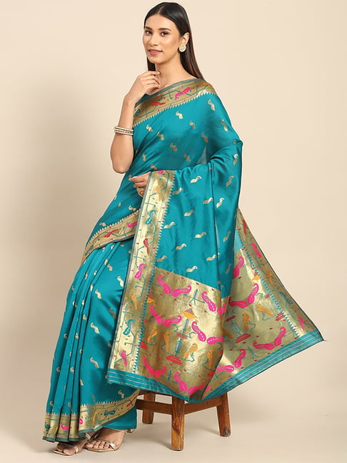 Saree Mall Blue Silk Woven Saree With Unstitched Blouse Price in India