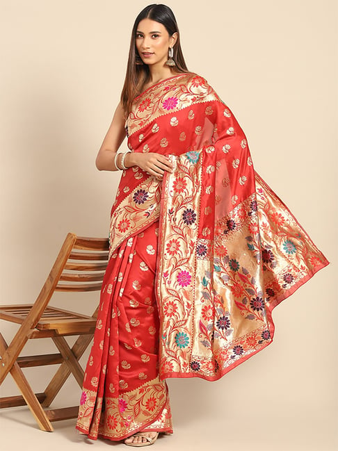 Saree Mall Red Silk Woven Saree With Unstitched Blouse Price in India