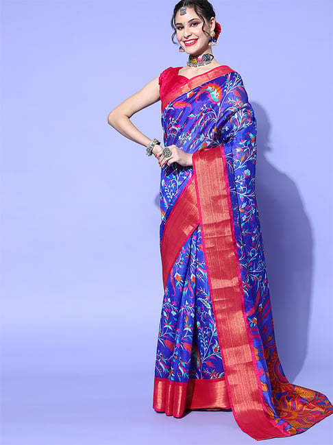 Saree Mall Blue & Red Cotton Saree With Unstitched Blouse Price in India