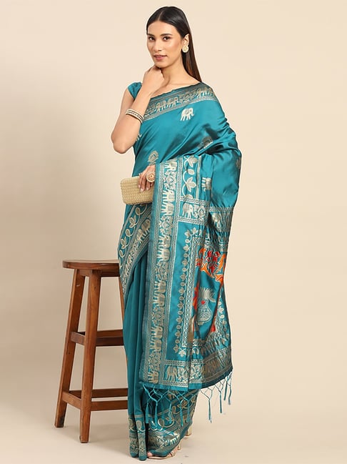 Saree Mall Blue Silk Woven Saree With Unstitched Blouse Price in India