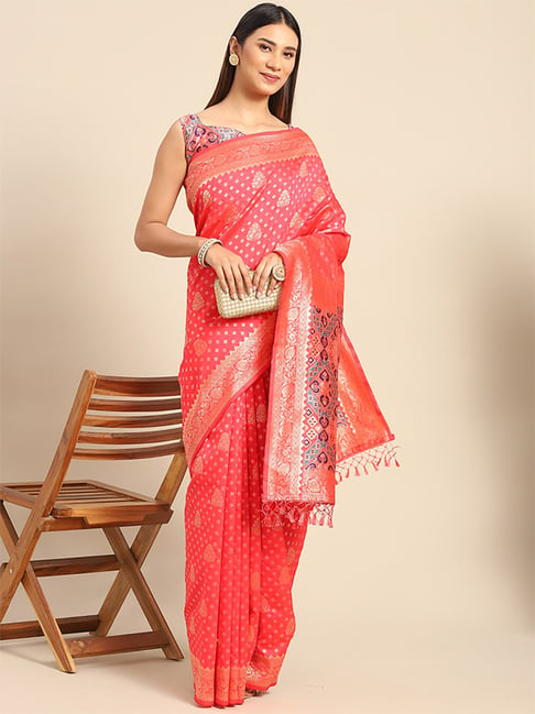 Saree Mall Pink Silk Woven Saree With Unstitched Blouse Price in India