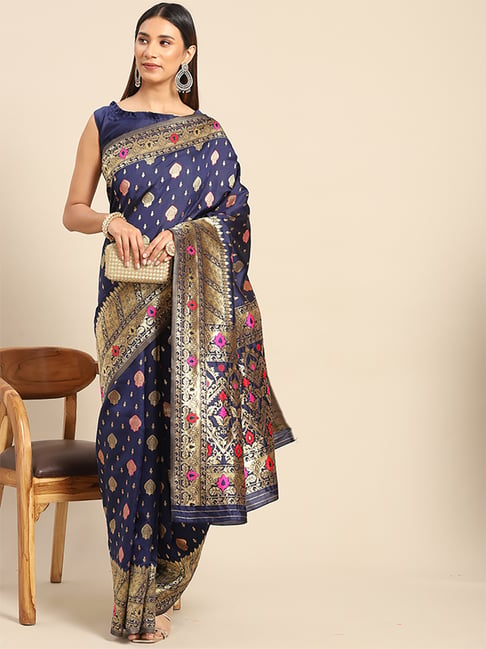 Saree Mall Navy Silk Woven Saree With Unstitched Blouse Price in India