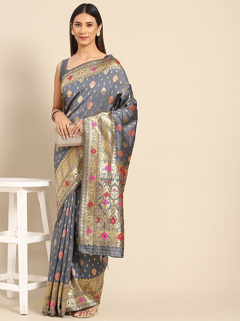 Saree Mall Grey Silk Woven Saree With Unstitched Blouse Price in India