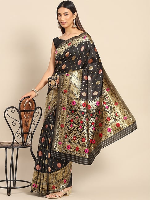 Saree Mall Black Silk Woven Saree With Unstitched Blouse Price in India